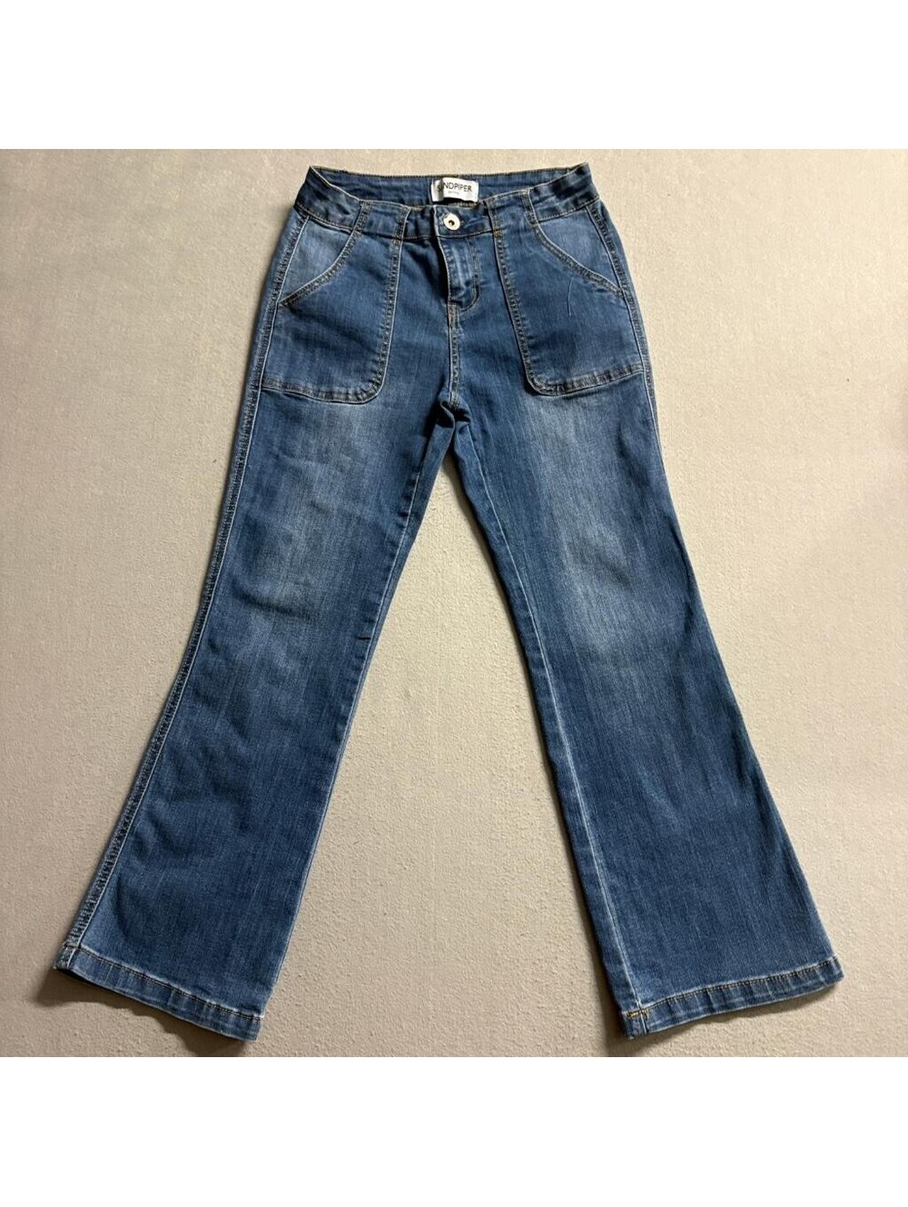 Sandpiper Petite Flare Jeans Womens 6P Blue Denim Stretch Patch Pocket Mid Rise